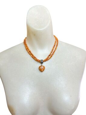 Vintage Sterling Jay King DTR Coral Heart  Double Strand Pendant Necklace 16.5”